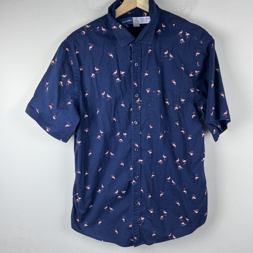 Old Navy Men's Navy Blue Pink Flamingo Print Short Sleeve Button Up Shirt